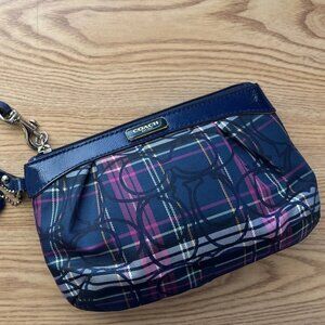 Coach Tartan Plaid Canvas w/Leather Trim Wristlet in Navy Blue and Pink